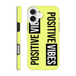 Yellow rugged iPhone case featuring a continuous wraparound "POSITIVE VIBES" slogan in bold black and white streetwear typography.