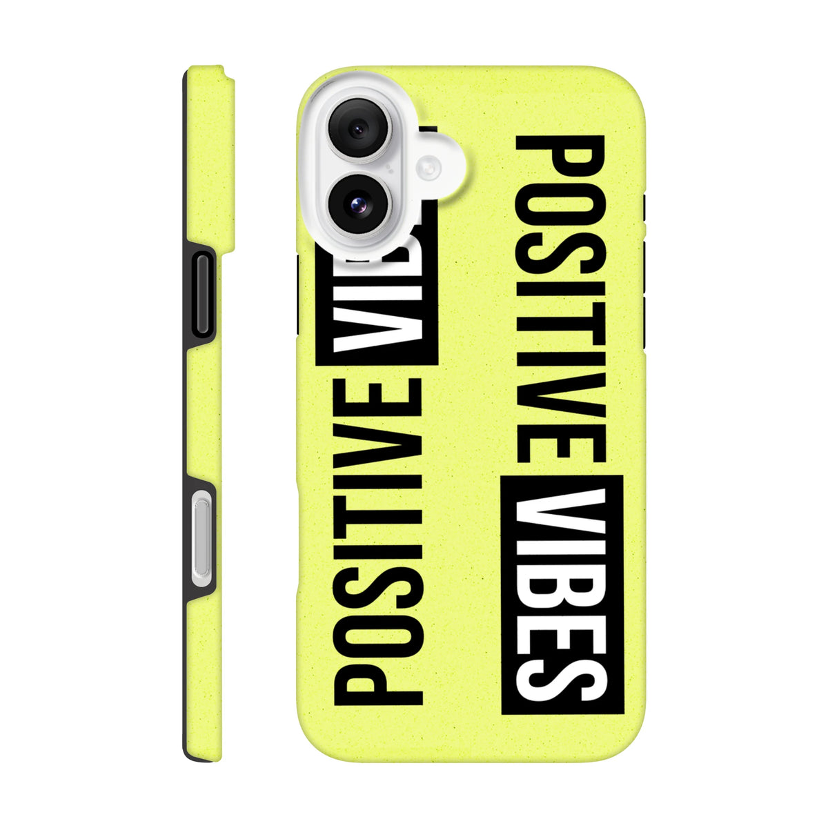 Yellow rugged iPhone case featuring a continuous wraparound "POSITIVE VIBES" slogan in bold black and white streetwear typography.