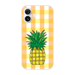 Cute pineapple gingham iPhone case for iPhone 13-16 with yellow checker background, summer aesthetic.