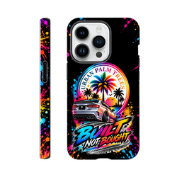 Built Not Bought iPhone case featuring modified car, Urban Palm Trees design, and colorful paint splatter wraparound print.