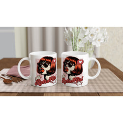 Two white ceramic mugs featuring a retro red-haired girl in sunglasses with a speech bubble and 'Retro Pink' design.
