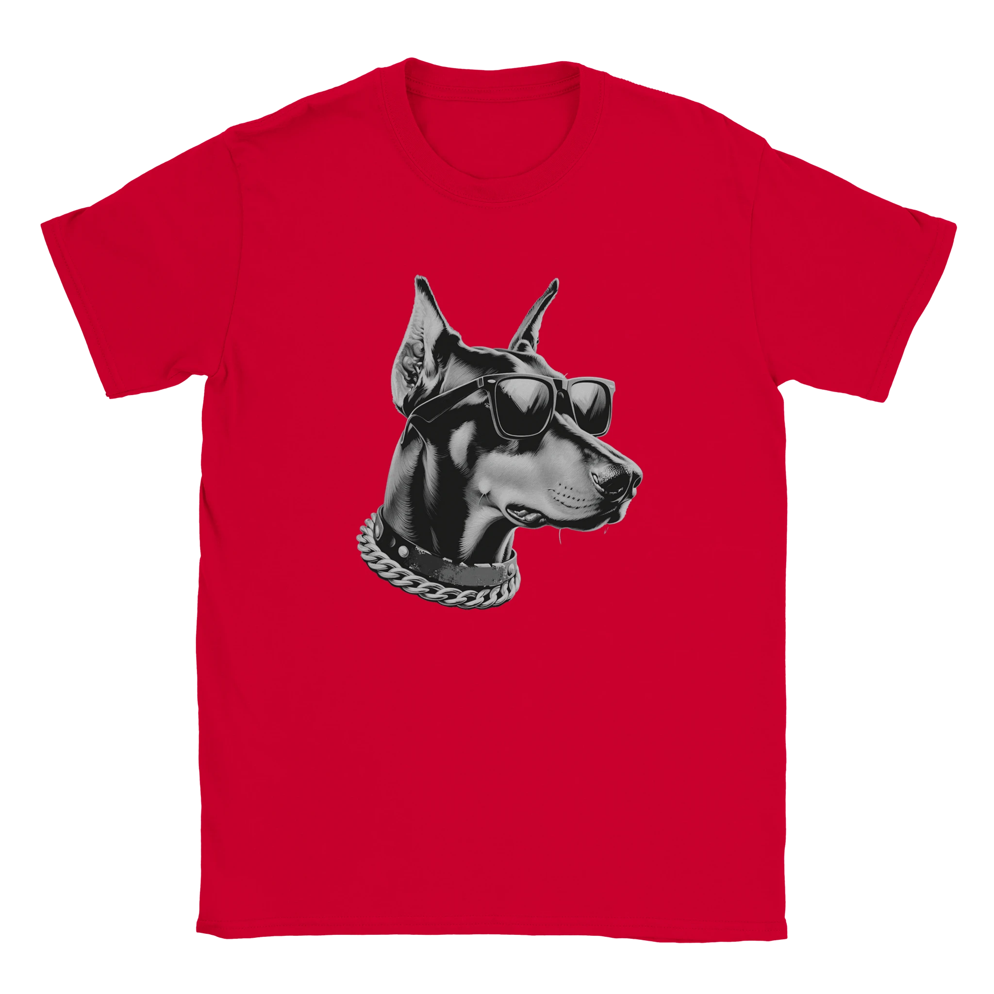 Red men's tee featuring a Doberman wearing sunglasses and a chunky chain.