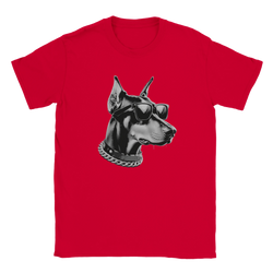 Red men's tee featuring a Doberman wearing sunglasses and a chunky chain.
