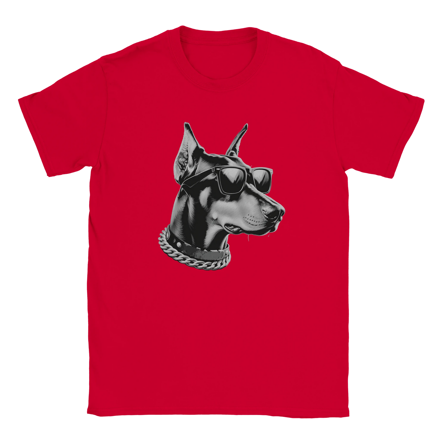 Red men's tee featuring a Doberman wearing sunglasses and a chunky chain.