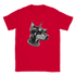 Red men's tee featuring a Doberman wearing sunglasses and a chunky chain.
