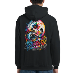 Black hooded sweatshirt back featuring colorful turbocharger graphic with palm trees and Urban Palm Trees text for modified car culture.