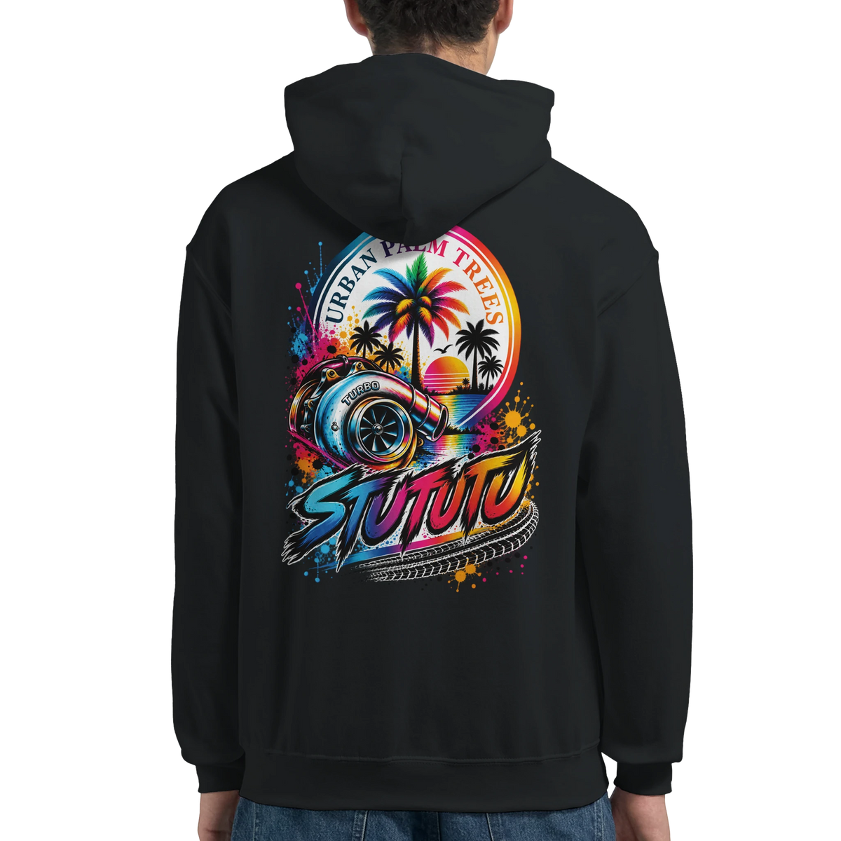 Black hooded sweatshirt back featuring colorful turbocharger graphic with palm trees and Urban Palm Trees text for modified car culture.