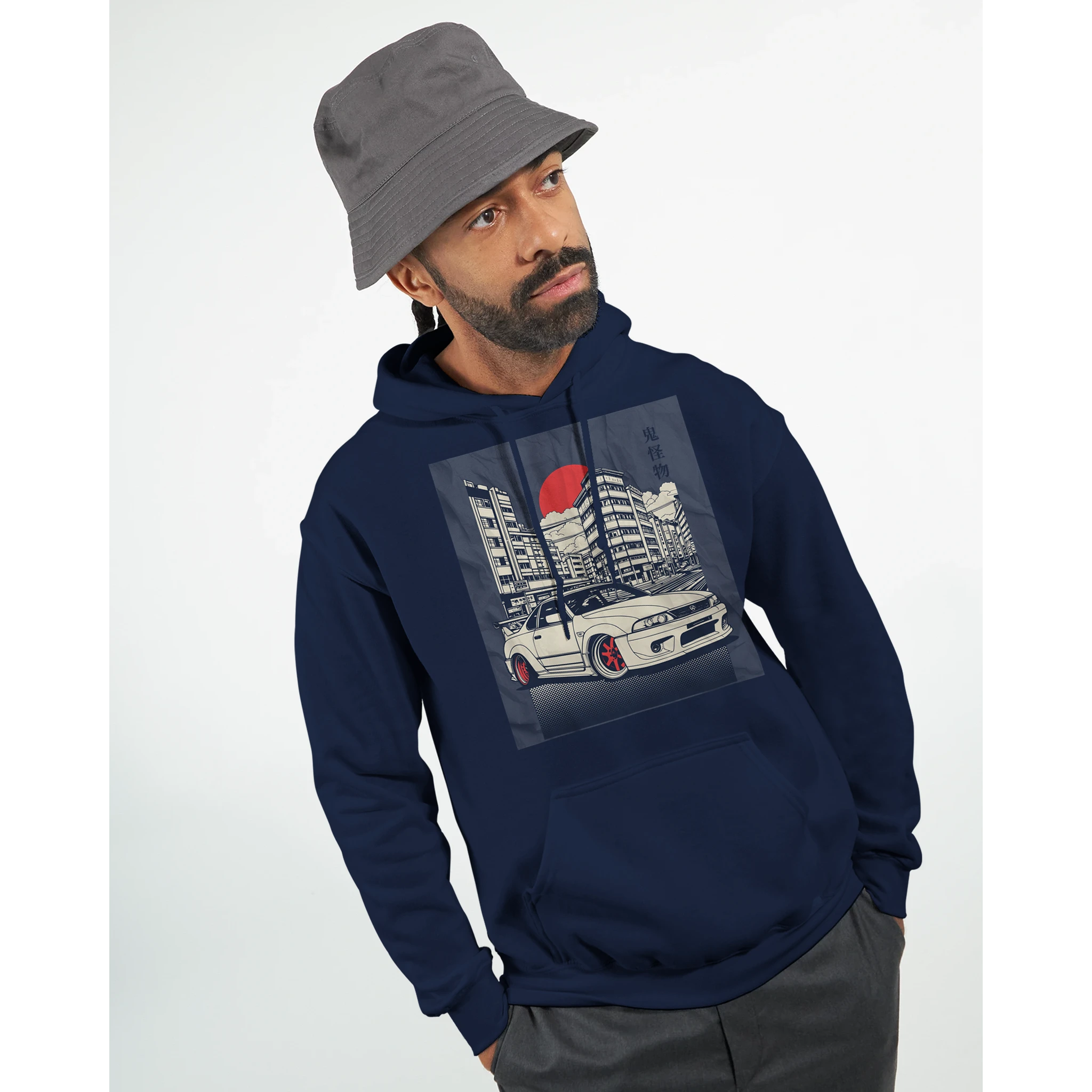 Navy Car Jumper JDM Hoodie with urban cityscape and white sports car under a red sun.
