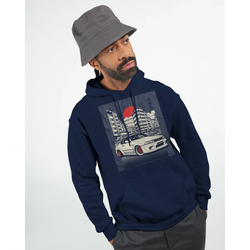 Navy Car Jumper JDM Hoodie with urban cityscape and white sports car under a red sun.
