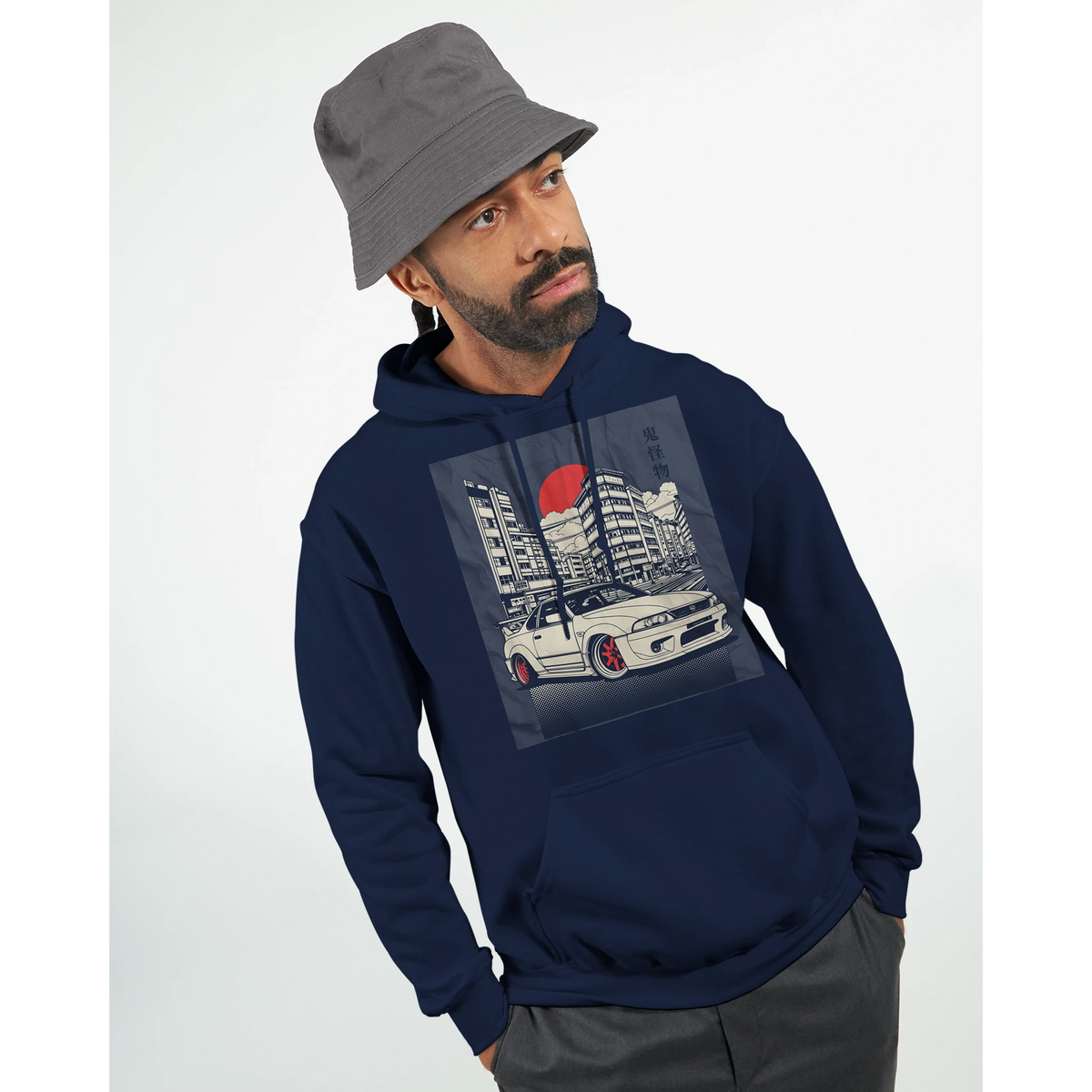 Navy Car Jumper JDM Hoodie with urban cityscape and white sports car under a red sun.