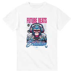 White men's tee featuring a retro cyber gorilla DJ with headphones, "Future Beats" text, and Evolution graphic art.