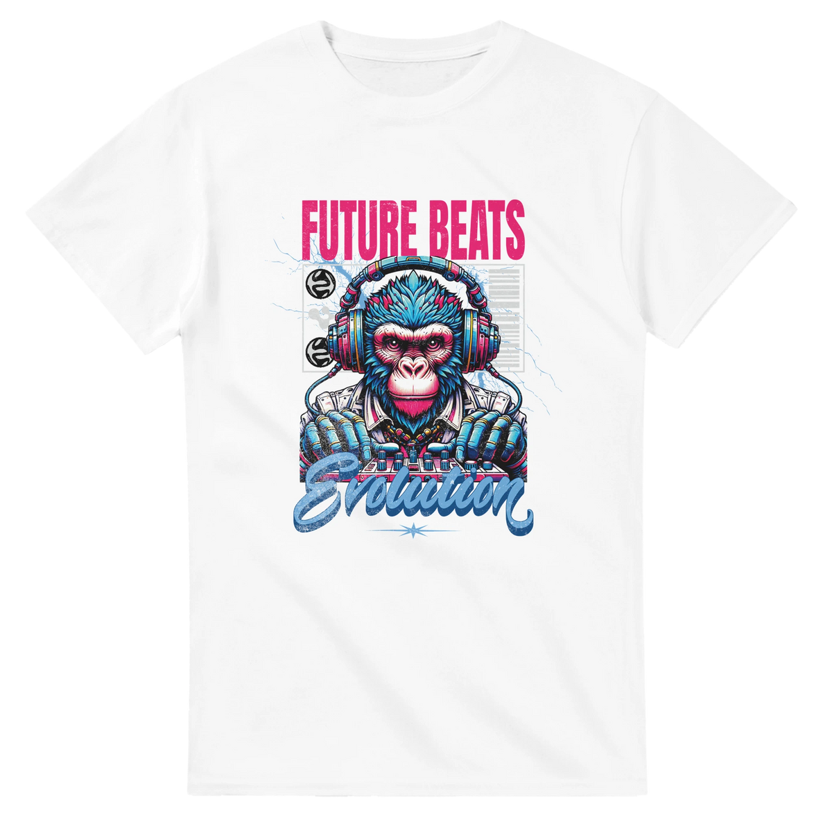 White men's tee featuring a retro cyber gorilla DJ with headphones, "Future Beats" text, and Evolution graphic art.