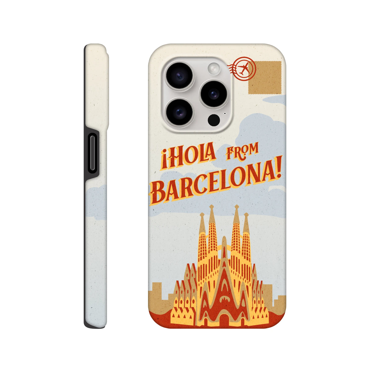 Barcelona Travel Postcard Tough iPhone Case for iPhone 13–16, wraparound postcard design with Hola from Barcelona.