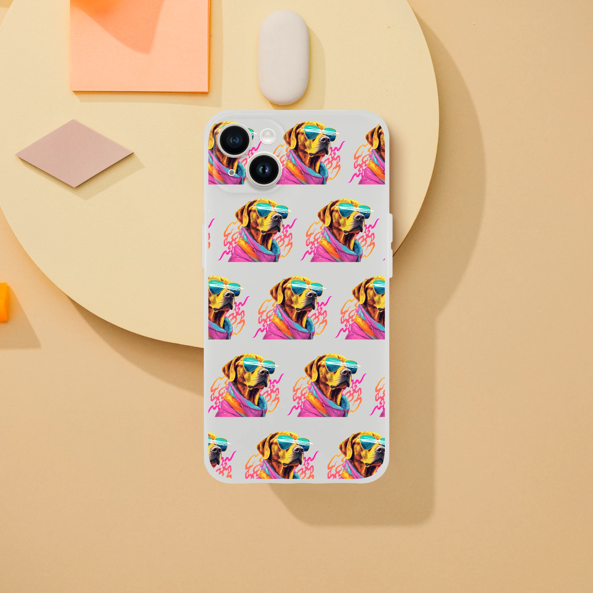 Slim transparent iPhone case for iPhone 13–16 with a repeating colorful dog wearing sunglasses pattern.