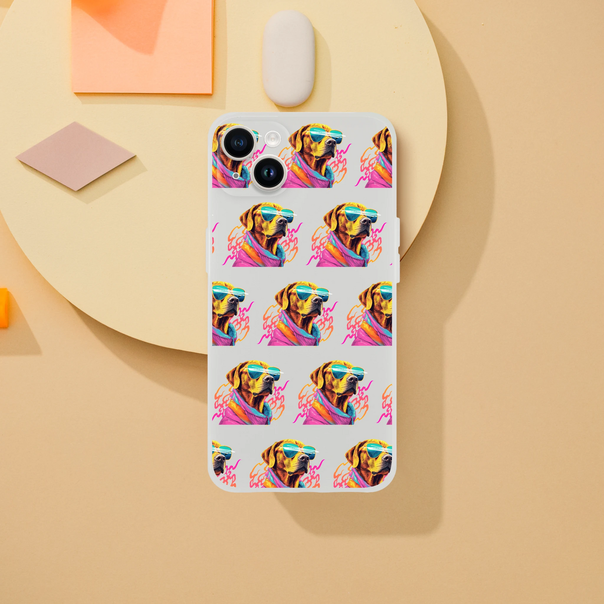 Slim transparent iPhone case for iPhone 13–16 with a repeating colorful dog wearing sunglasses pattern.