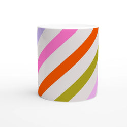 Pastel diagonal stripe ceramic mug with rainbow bands for coffee or tea