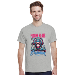 Men's gray streetwear tee featuring a retro blue gorilla DJ graphic with "Future Beats Evolution" text.