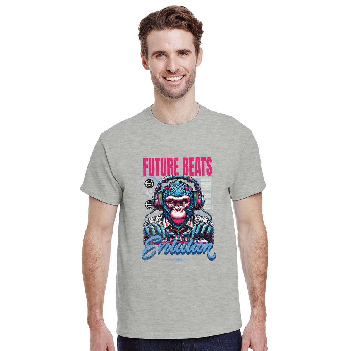 Men's gray streetwear tee featuring a retro blue gorilla DJ graphic with "Future Beats Evolution" text.