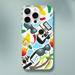 Vibrant summer holiday sticker effect iPhone case featuring palm trees, vintage cameras, sunglasses, and cocktails on a blue background.