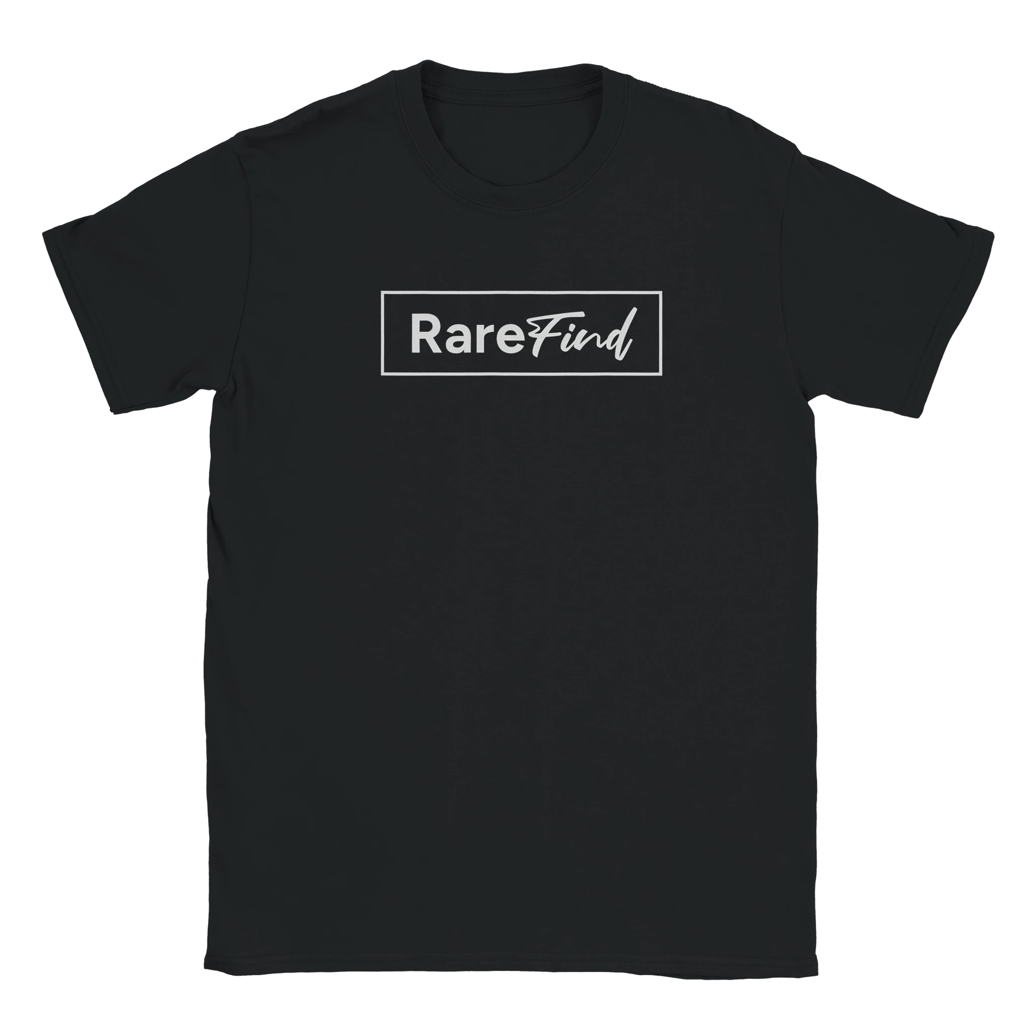 Black women's t-shirt with a white RareFind logo in a rectangular frame on the front.