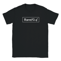 Black women's t-shirt with a white RareFind logo in a rectangular frame on the front.