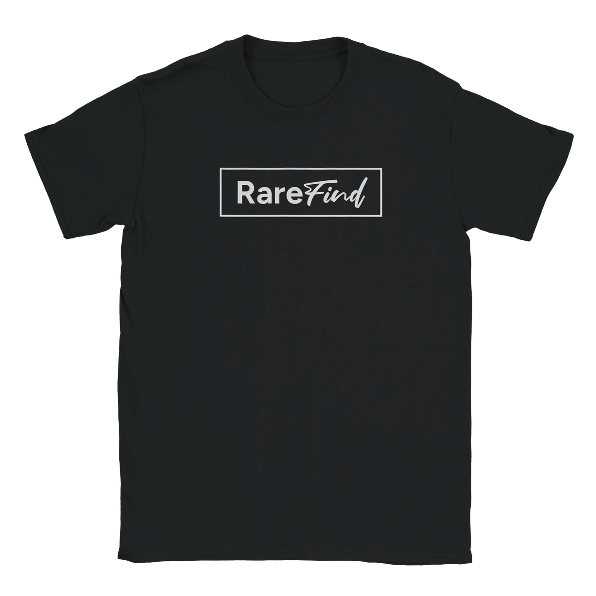 Black women's t-shirt with a white RareFind logo in a rectangular frame on the front.
