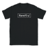 Black women's t-shirt with a white RareFind logo in a rectangular frame on the front.
