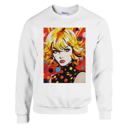 White sweatshirt featuring a vibrant retro comic pop art graphic of a blonde woman with colorful polka dots and dynamic background rays.