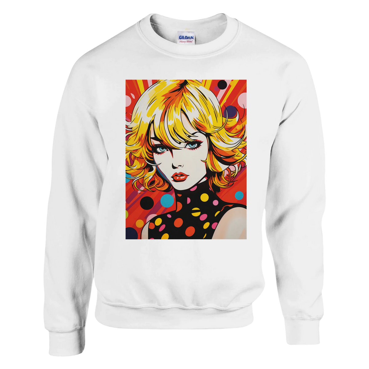 White sweatshirt featuring a vibrant retro comic pop art graphic of a blonde woman with colorful polka dots and dynamic background rays.
