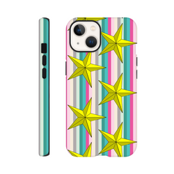 Retro yellow star phone case with multi-colored vertical stripes, featuring tough shock-absorbing protection for iPhone 13-16.