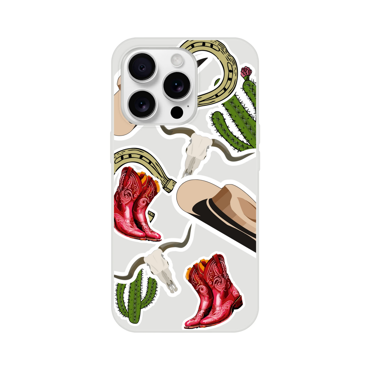Western sticker-style iPhone case featuring red cowboy boots, cactus, horseshoe, and longhorn skull designs.