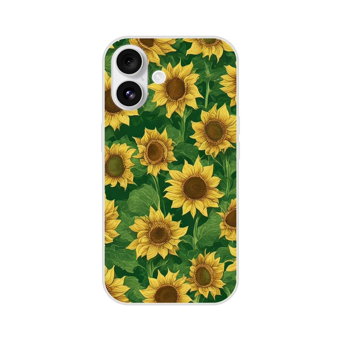 Sunflower iPhone case for 13-16 with bright yellow floral botanical pattern on green background