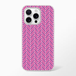 Pink herringbone geometric iPhone case with frosty transparent design and shock-absorbing TPU protection for models 13-16.