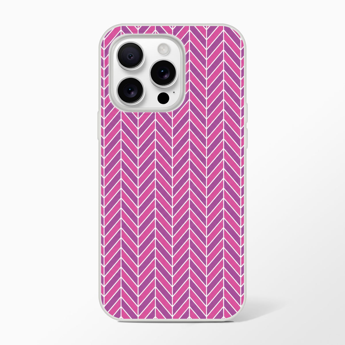 Pink herringbone geometric iPhone case with frosty transparent design and shock-absorbing TPU protection for models 13-16.