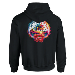 Back of black hoodie featuring retro tropical sunset graphic with palm trees and glossy red cherry lips.