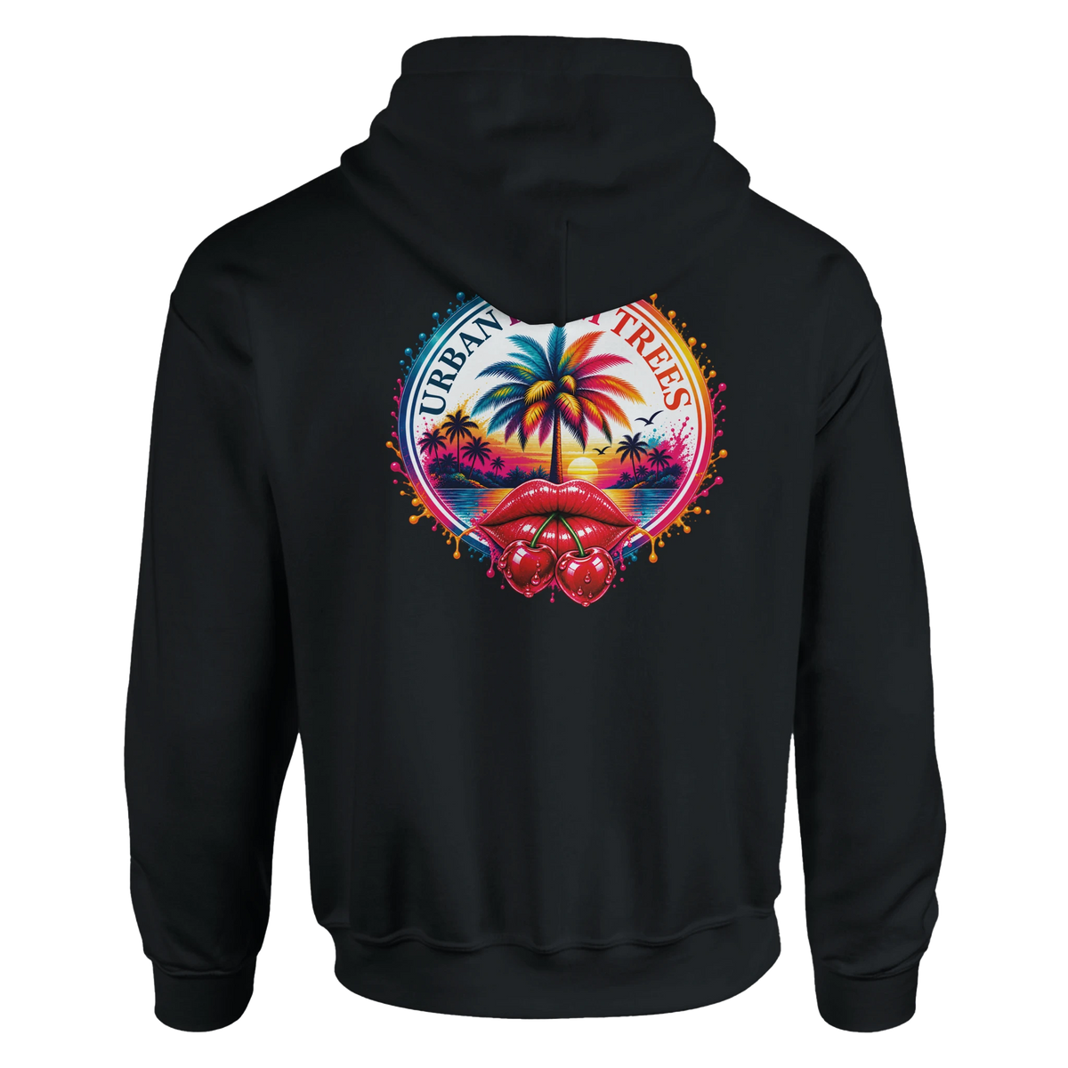 Back of black hoodie featuring retro tropical sunset graphic with palm trees and glossy red cherry lips.