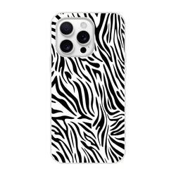 Black and white zebra print iPhone case for 13-16, bold Y2K animal aesthetic with durable everyday protection.