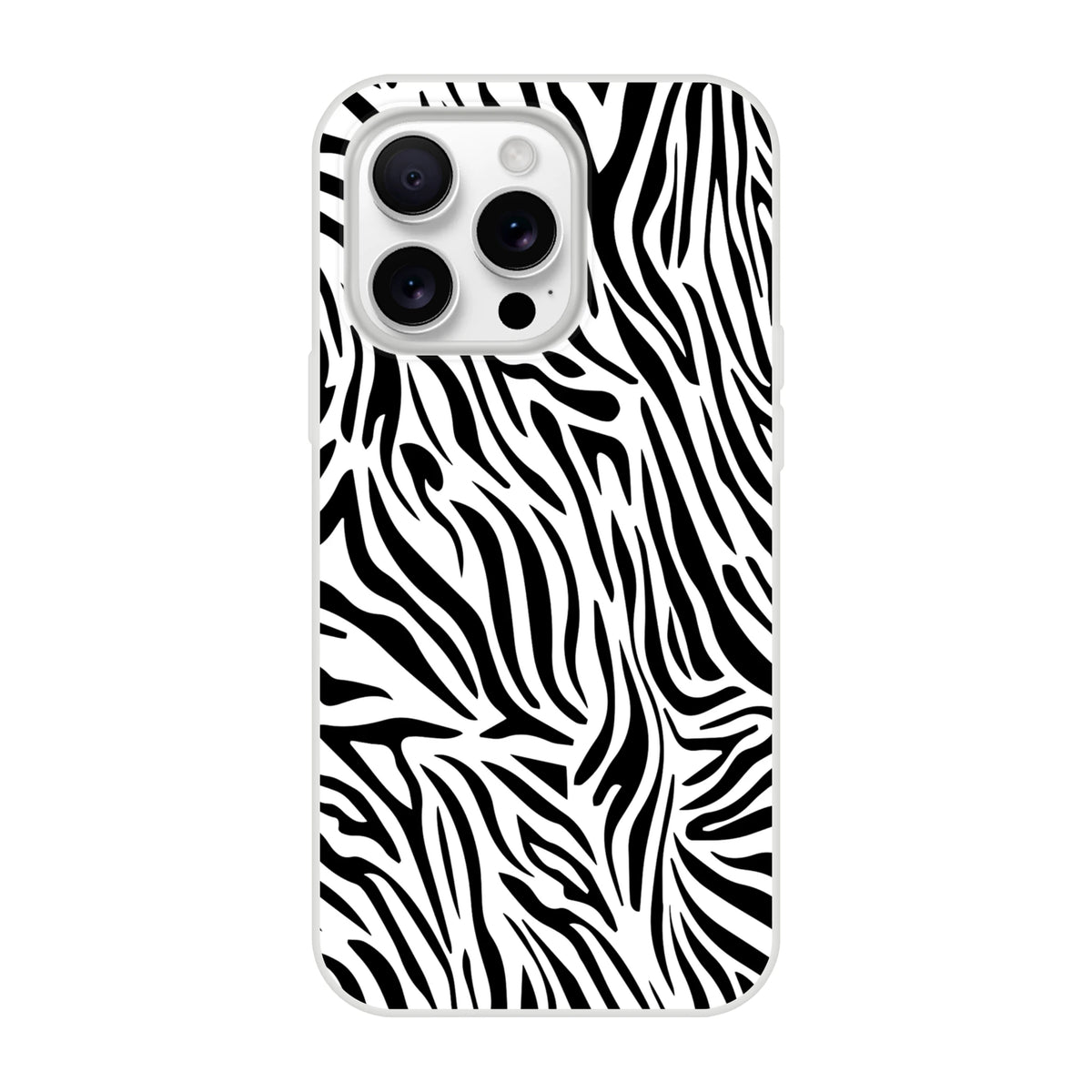 Black and white zebra print iPhone case for 13-16, bold Y2K animal aesthetic with durable everyday protection.