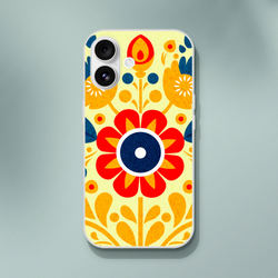 Vintage Floral iPhone case (13-16) with retro botanical print, yellow background and orange flowers with blue leaves.