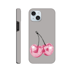Glitterball cherry iPhone case featuring pink disco ball fruit design on a gray tough cover for iPhone 13 through 16 models.