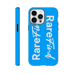 Rare Find blue tough iPhone case with white slogan text, compatible with iPhone 13-16 models for streetwear style.