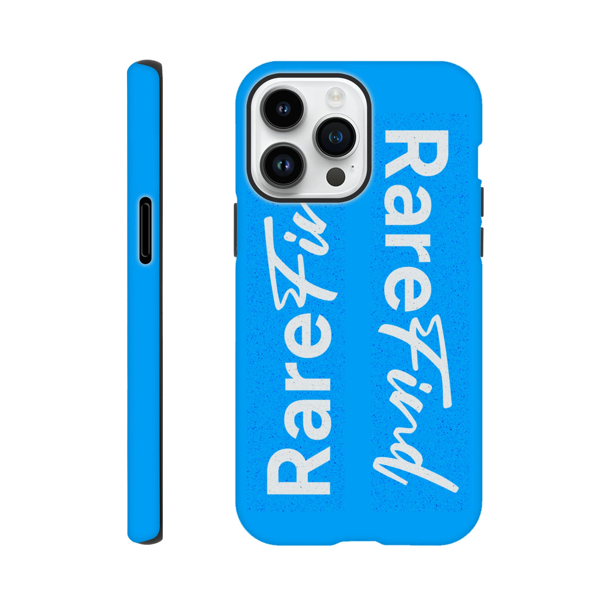 Rare Find blue tough iPhone case with white slogan text, compatible with iPhone 13-16 models for streetwear style.