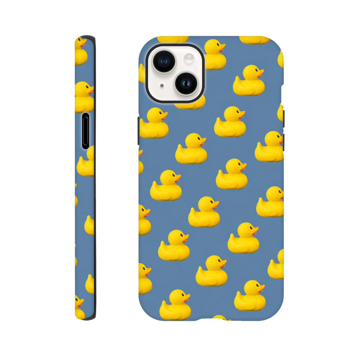 Blue iPhone case featuring a playful pattern of yellow kawaii rubber ducks. Durable phone cover with black accents for a bold streetwear look.