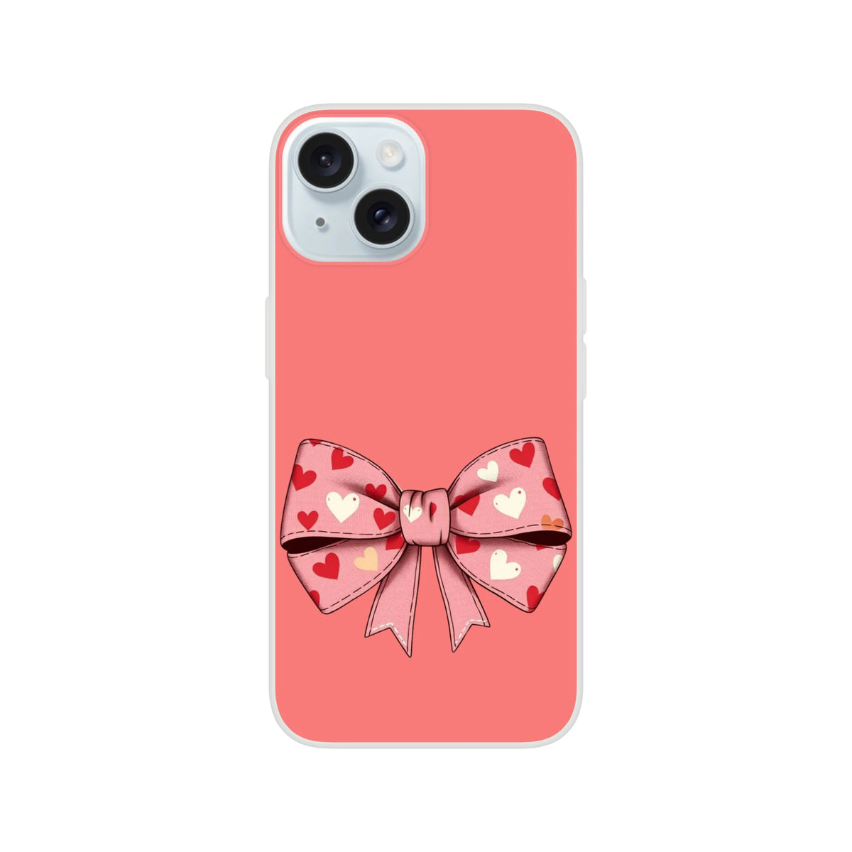 Cute pink cream bow iPhone case with heart pattern, coquette aesthetic.