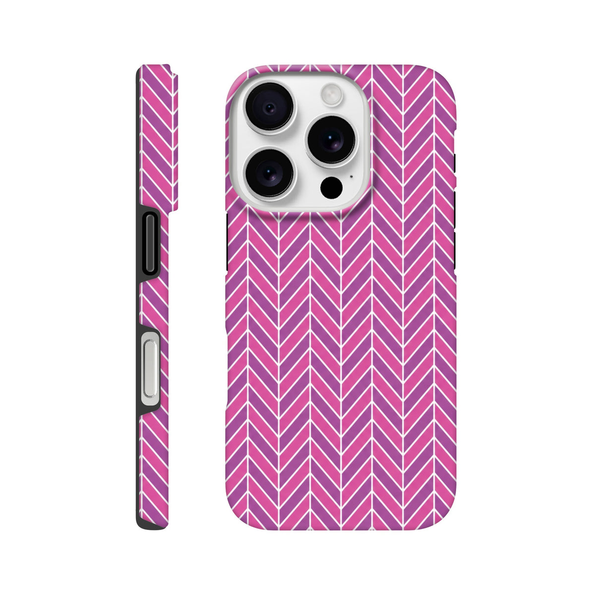 Pink herringbone iPhone case featuring geometric chevron pattern, dual-layer shock absorption, and protective TPU frame for daily impact resistance.