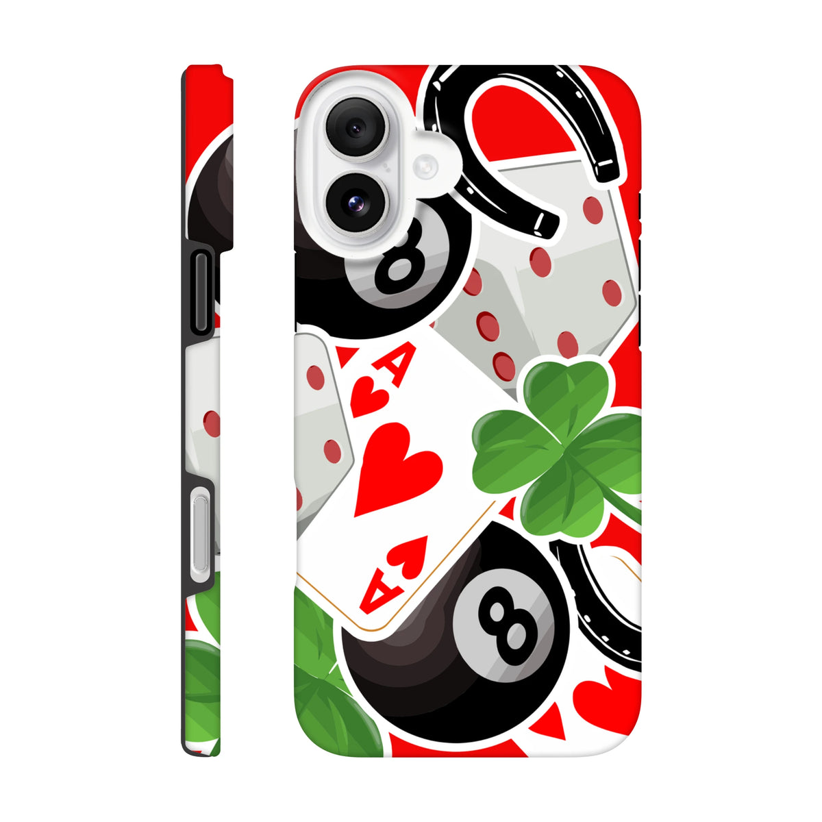 Tough iPhone case featuring an 8 ball, ace of hearts, four-leaf clover, and horseshoe graphic on a red background.