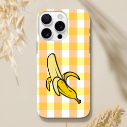 Yellow and white gingham iPhone case featuring a cute cartoon peeled banana design for protective street-style coverage.