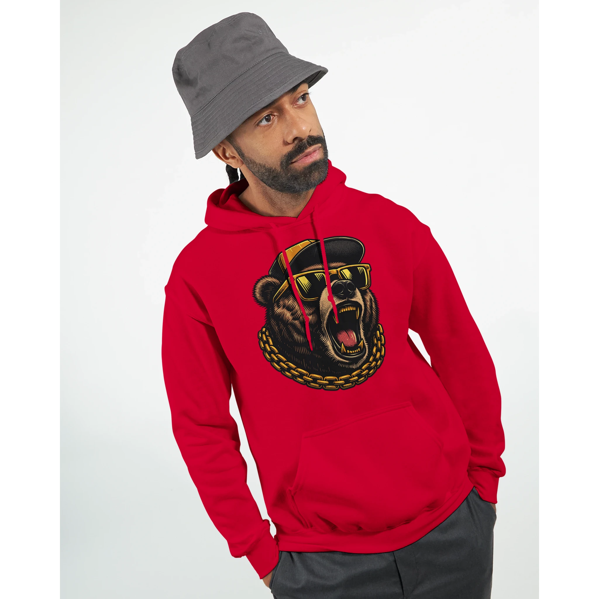Man wearing a red Grizzly Bear hoodie with roaring bear graphic, sunglasses, and gold chain.