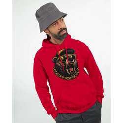 Man wearing a red Grizzly Bear hoodie with roaring bear graphic, sunglasses, and gold chain.