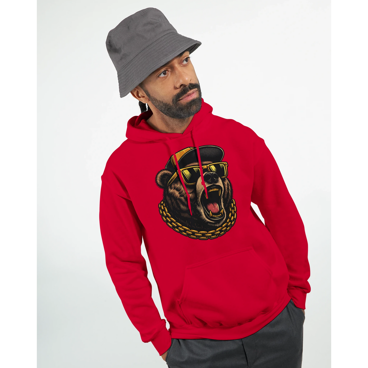 Man wearing a red Grizzly Bear hoodie with roaring bear graphic, sunglasses, and gold chain.